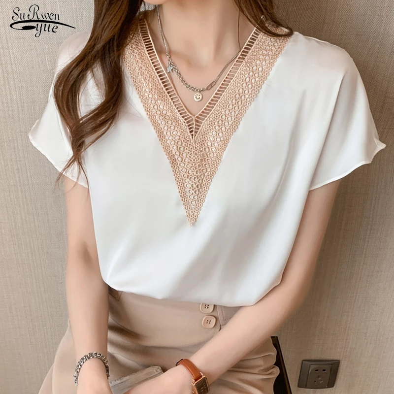 

Женская шифоновая блузка с коротким рукавом, белая офисная рубашка, модель 2022 на лето, 15200