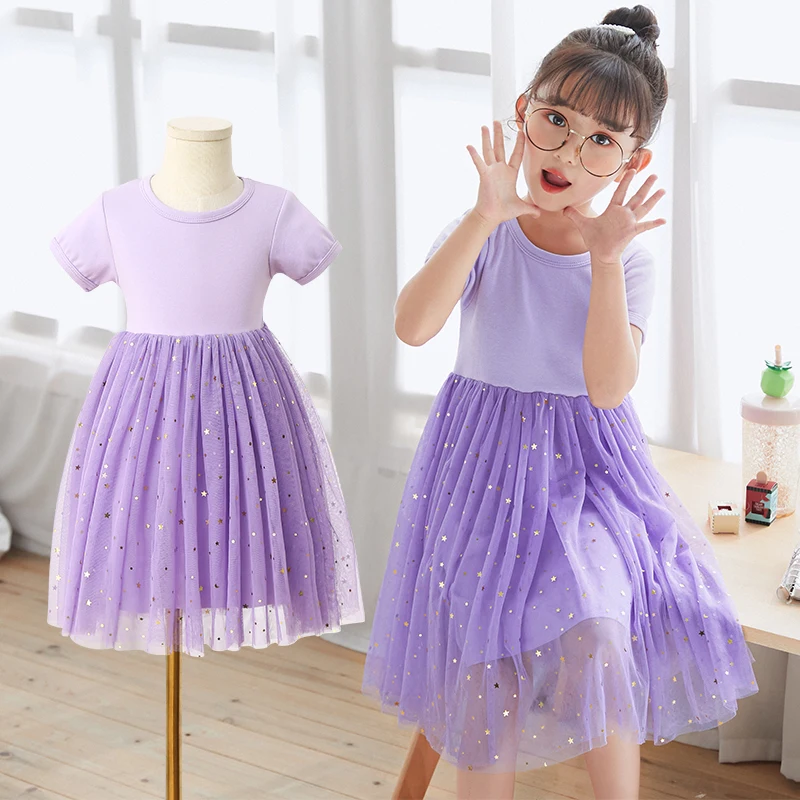 New Summer Girls Tops Clothing Fashion Baby Girls Mesh Dresses Fashion Sequined Style Knee-length Dress for Girls