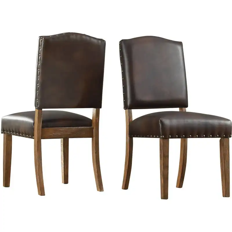 

Nailhead Upholstered and Wood Dining Chair, Set of 2, Faux Leather