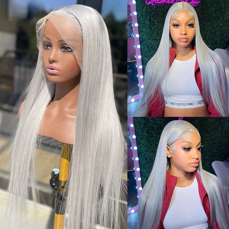 Straight Mixed Blend Human Hair Lace Front Wig Light Grey Pre Plucked With Baby Hair 13x4 Transparent Lace Wig For Women