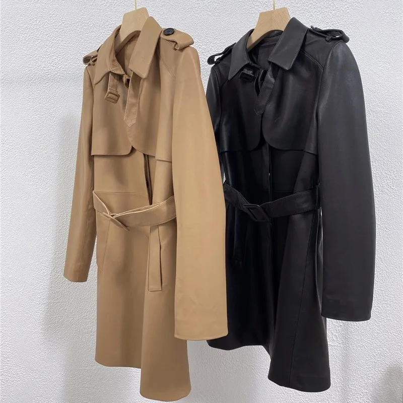 2022 new women genuine leather jacket girl female real sheepskin long coat trench overcoats