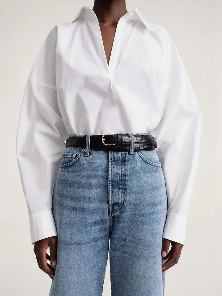 

Women's Shirt V-Neck Solid Color Long Batwing Sleeve Simple Spring Summer Cotton Blouse