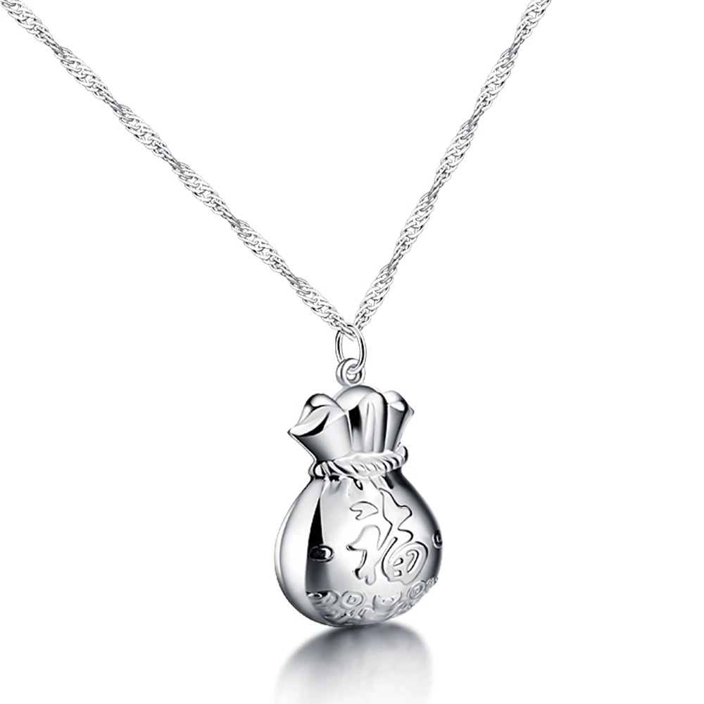 

ziqiudieS925 sterling silver Fu bag pendant Chinese style women's necklace silver jewelry safe to send wife lover