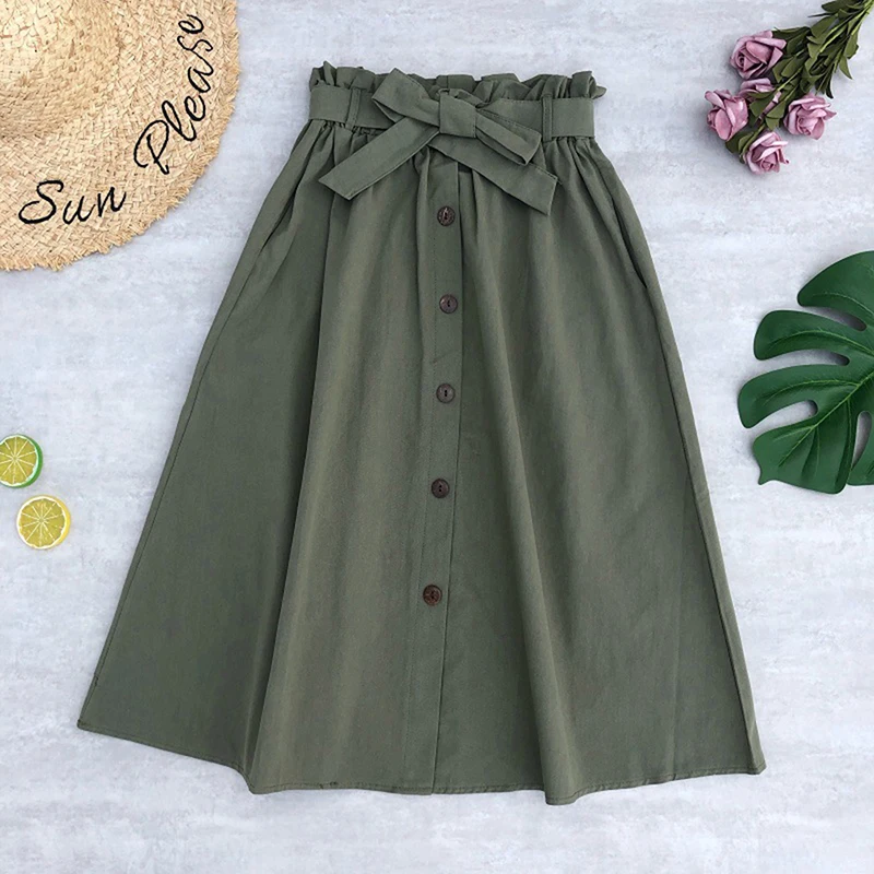 

Autumn Elegant Skirts Womens Elastic Waist Buttons Bow Stretched Skirt With Pocket Female Solid Color Skirt