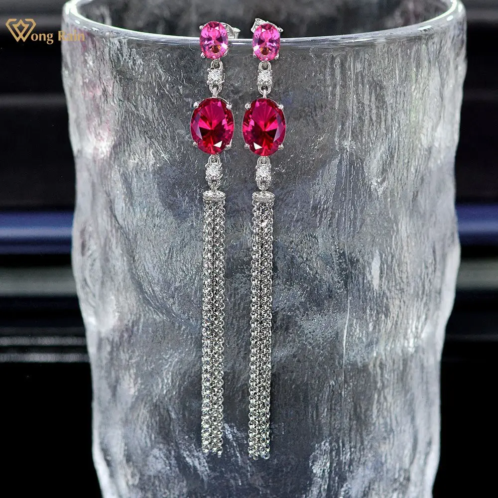 

Wong Rain 925 Sterling Silver Oval Cut Ruby Gemstone Wedding Party Long Tassel Drop Dangle Earrings Fine Jewelry Christmas Gift