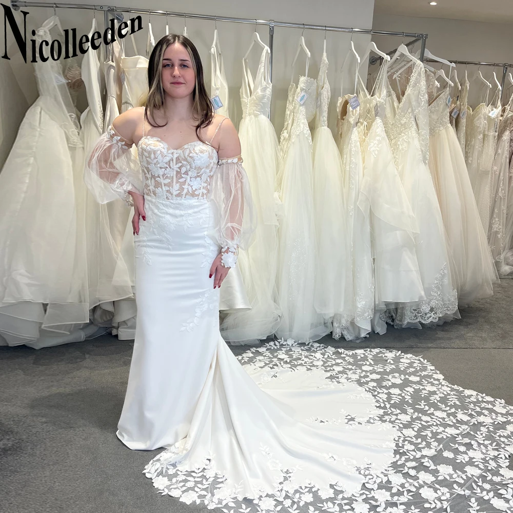 

Nicolle Modern Sweetheart Tulle Wedding Gown For Bride Backless Appliques Mermaid Spaghetti Straps Long Sleeves Sweep Train