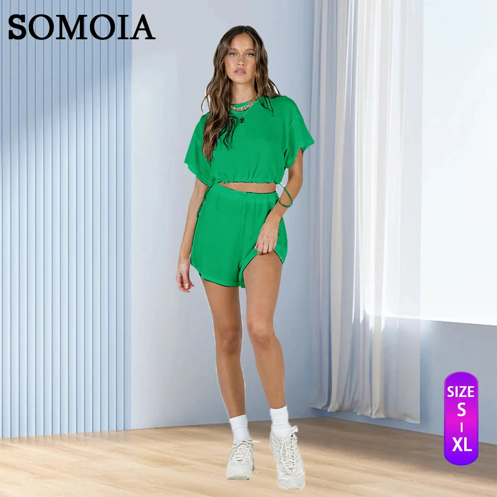 

Женский Повседневный однотонный комплект SOMOIA из двух предметов, шорты с коротким рукавом и круглым вырезом, Прямая поставка