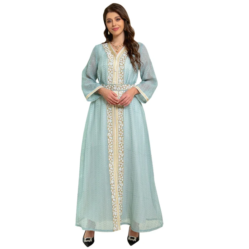 

Elegant Turkish Abayas Muslim 2 Pieces Set Kaftan Dubai Luxury Diamonds Arabic Dresses Floral Embroidery Lace Tape Belted Dress