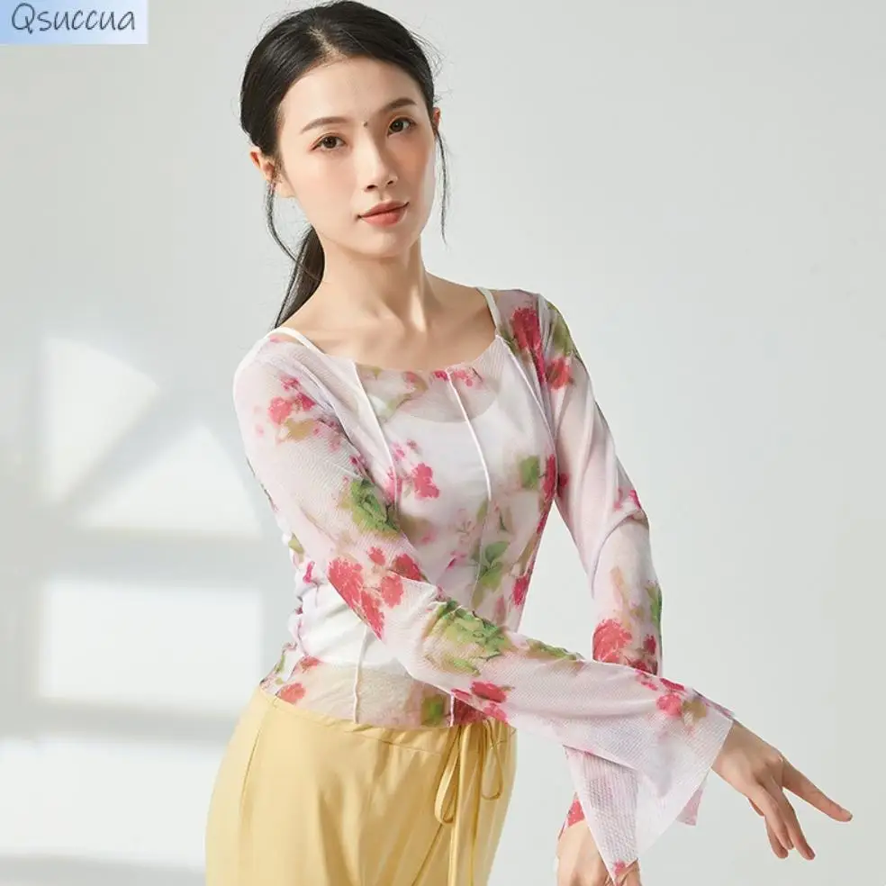 

Classical Dance Dance Costume Female Body Rhyme Gauze Fairy Elegant Practice Clothes Printed Top