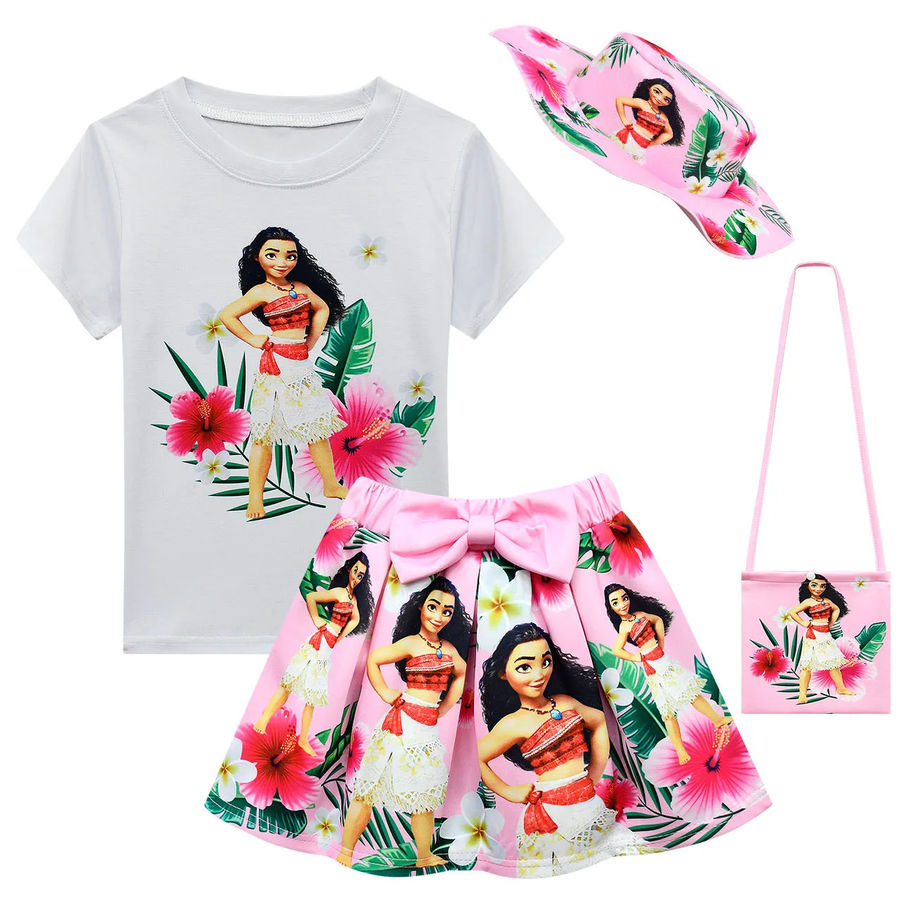 Kids Clothes Sets Moana Costume Summer Girls Short Sleeve T-shirt Skirt Bag Hat 4pcs Birthday Party Decoration Children Outfits