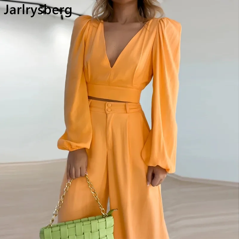 

Women Clothes 2022 Autumn V-neck Long Sleeve For Two Piece Sets Shirt High Waist Wide Leg Pants Fashion Chic And Elegant Outfits