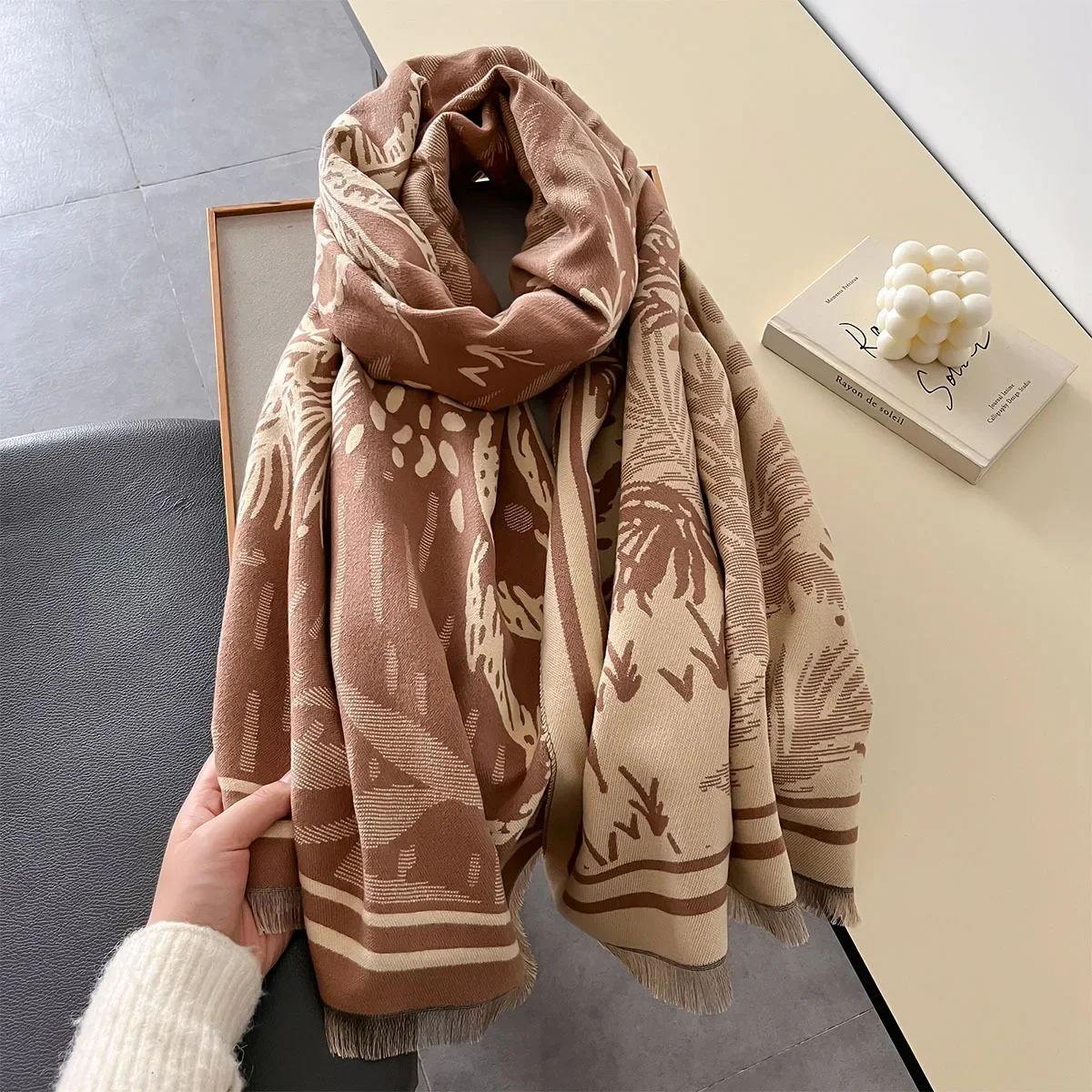 Зимний Женский Шарф Из Искусственного Кашемира С Цветочным Принтом Теплый