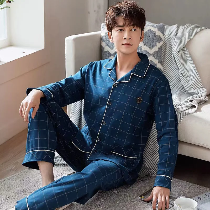 100% Cotton Pajamas Set For Men Spring/Autumn Plus Size Long-Sleeved Trousers Sleepwear 2 Piece Set Home Clothes Homewear