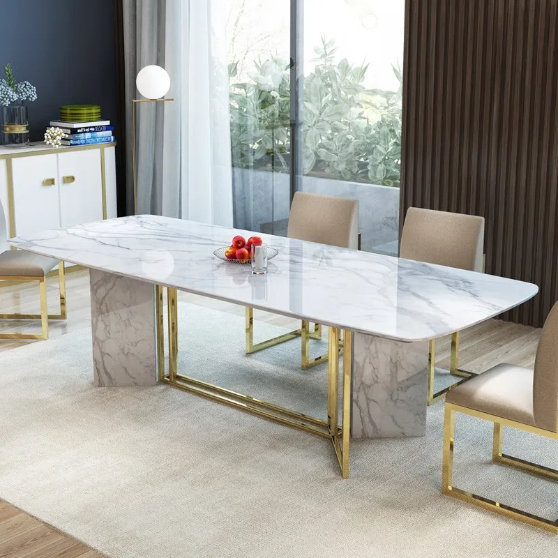 

Customized High Luxury Table Marble Rock Plate Dining Table Minimalist Living Room Rectangular Stainless Steel Dining Furniture