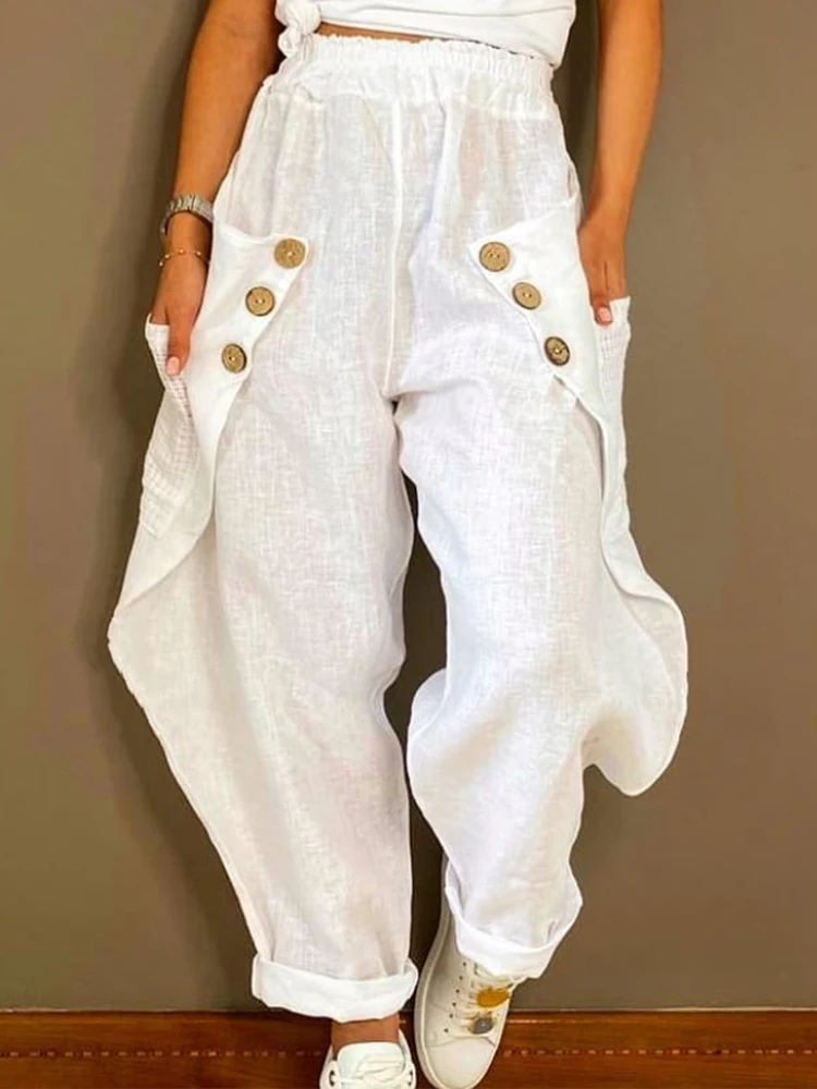 

Женские длинные брюки на пуговицах, свободные винтажные Брюки с карманами и поясом, уличная одежда, лето 2022