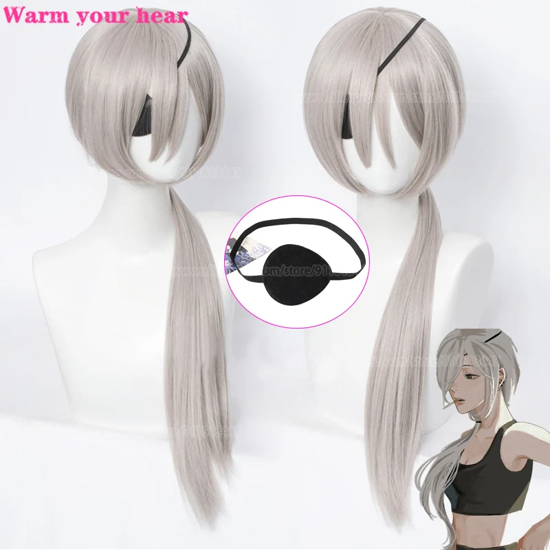 

Anime Chainsaw Man Quanxi Cosplay Silver Long Wig Eyes Patch Halloween Party Role Play Heat-resistant Fiber Hair Free Wig Cap