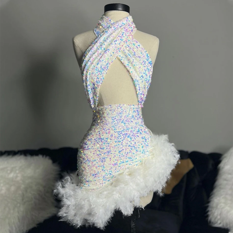 

YOUR BUMP CURVE Colorful Sequins Sleeveless Backless Zipper Feather Skinny Mini Skirt Sexy Ladies Club Prom