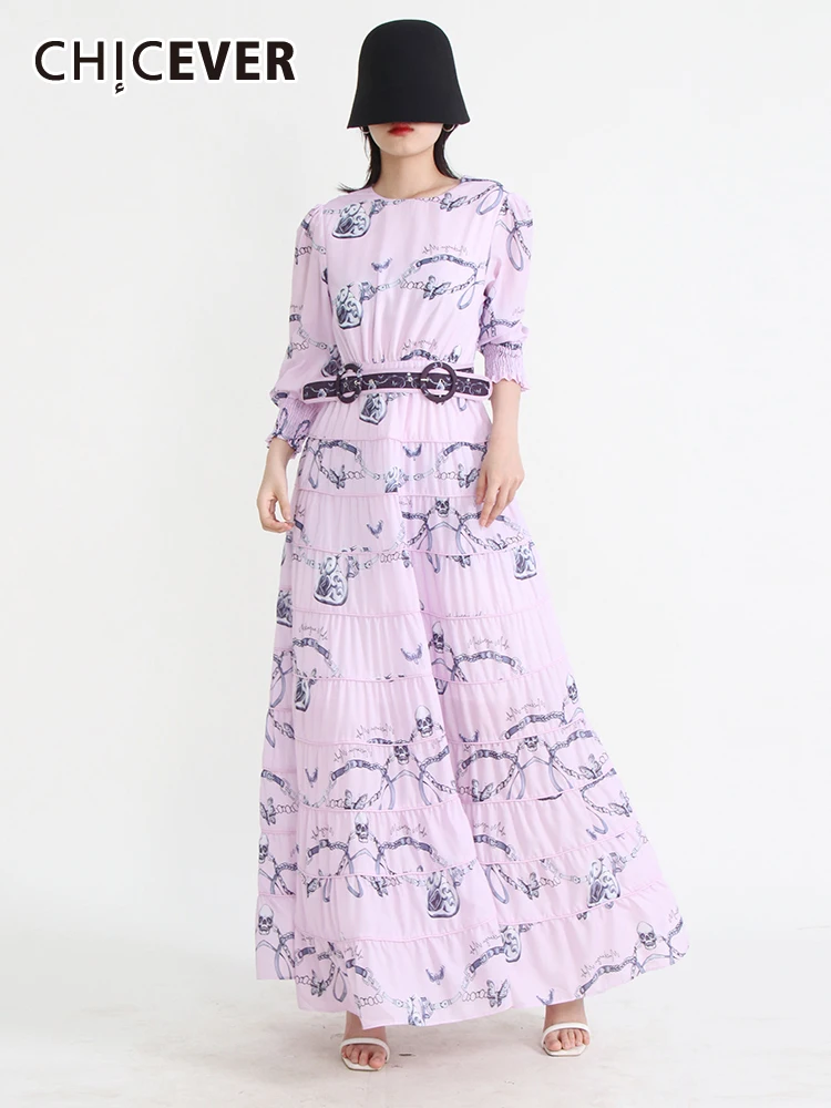 

CHICEVER цветное женское платье с круглым вырезом, длинным рукавом, высокой талией, туника с принтом, тонкое плиссированное платье миди, женское весеннее платье, новинка