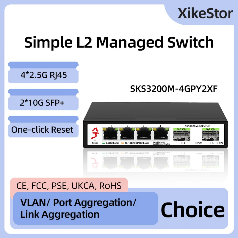 XikeStor 2 5GbE Простая управляемая L2 4 порта RJ45 2500 Мбит/с Веб-управляемая Ethernet-сеть 10G SFP+
