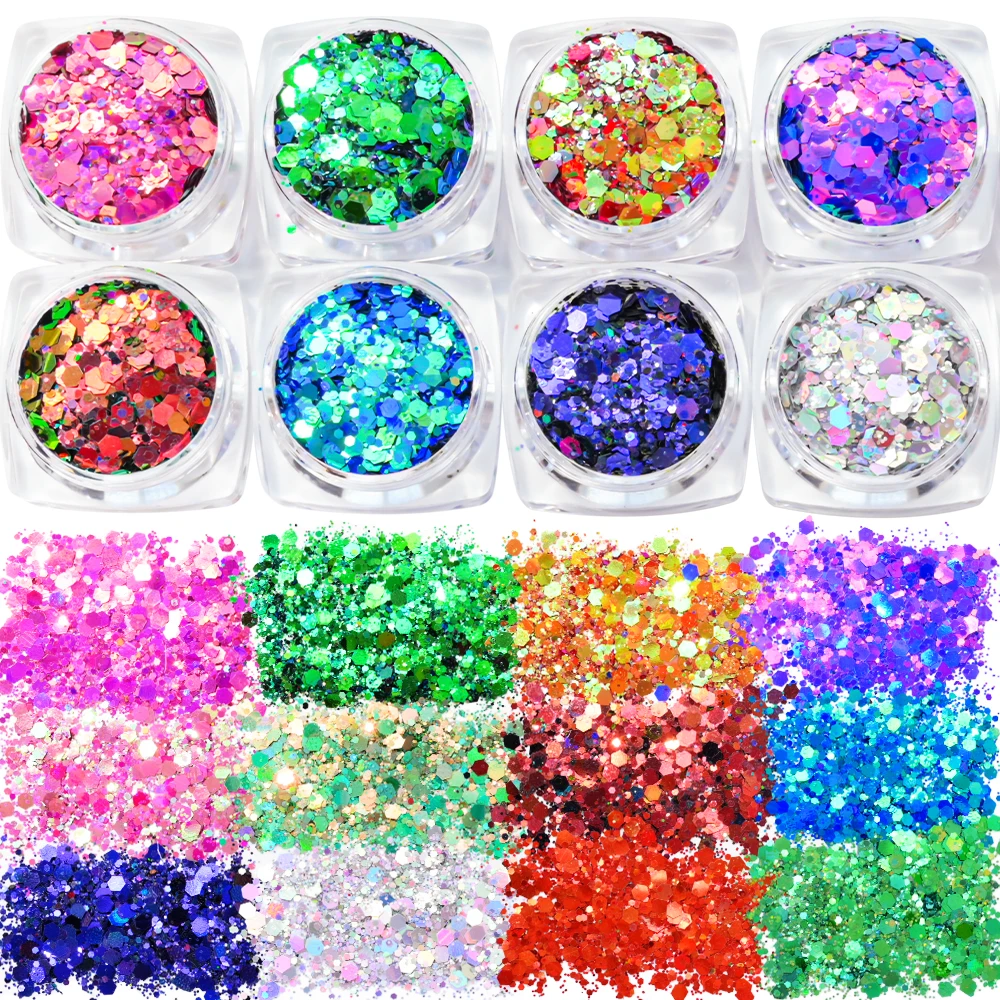 12-kolorowy zestaw cekinów do paznokci Chameleon Syrenka Lustro Sześciokątne płatki brokatowe 3D Paillette Laser Spangles Manicure Końcówki