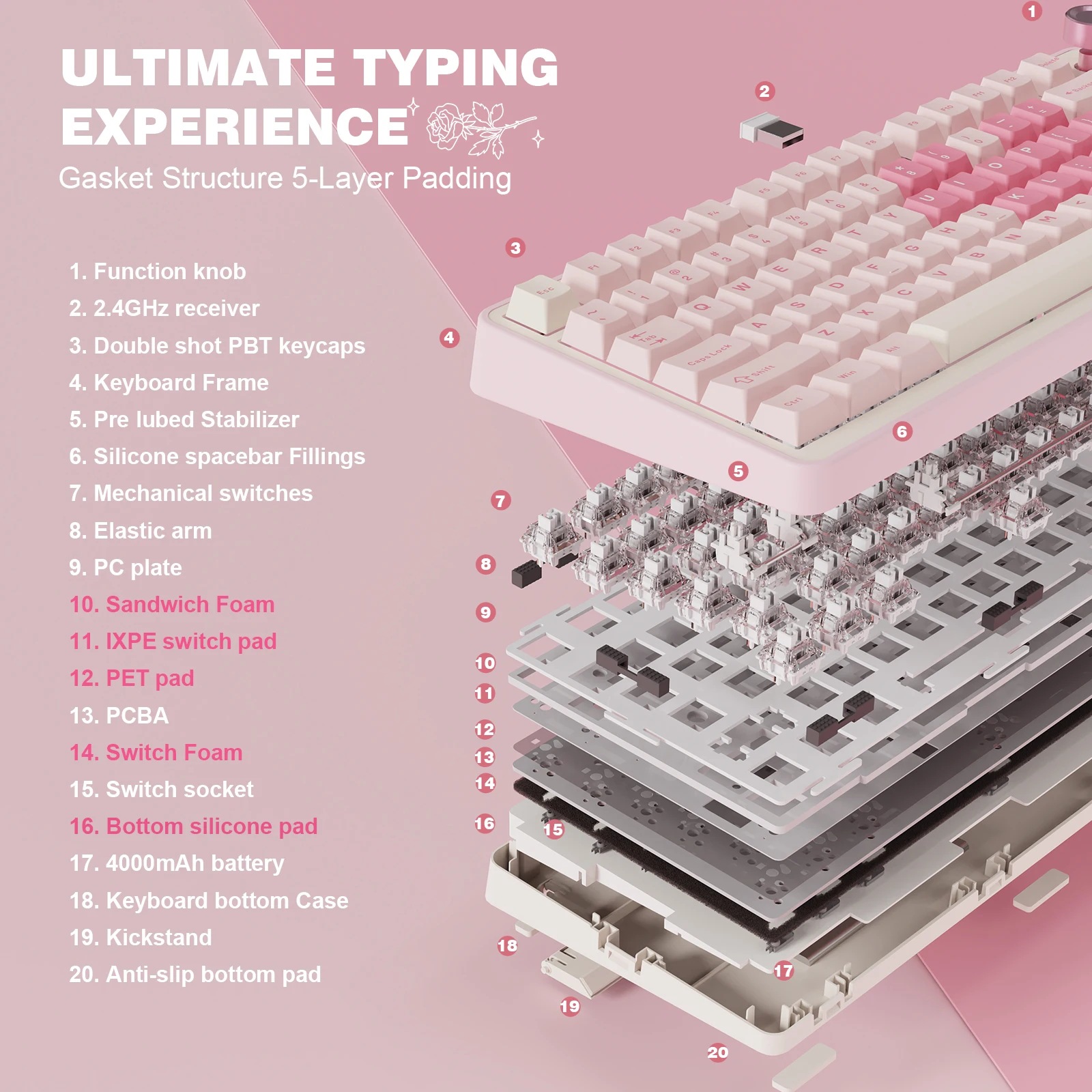 YUNZII B75 PRO Розовая беспроводная механическая игровая клавиатура, 75% кремовая клавиатура с ручкой, прокладка, горячая замена, пользовательская RGB-подсветка Keeb (art.: 3920cb72ee43d) - 3920cb72ee43d