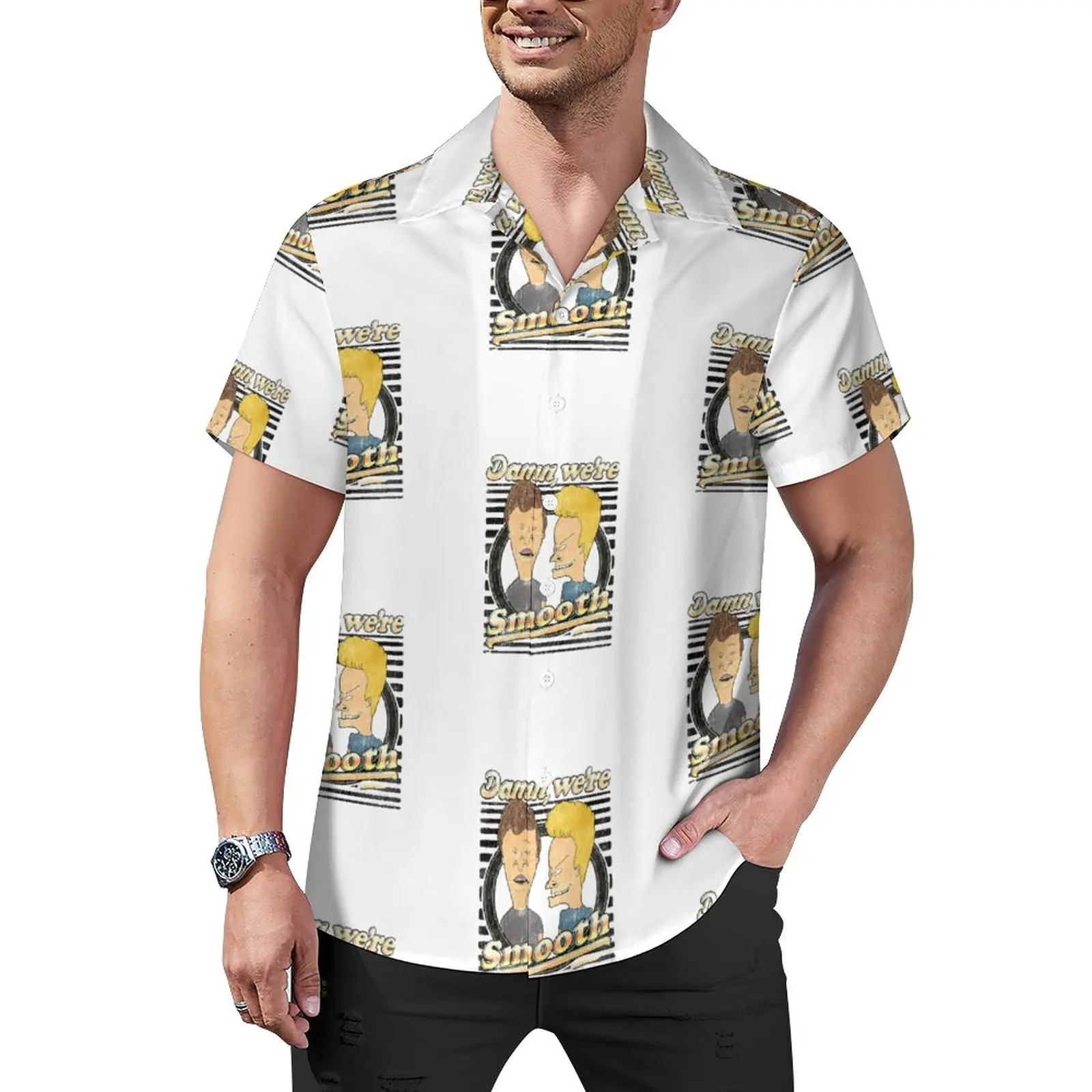 

Beavis And Butthead Loose Shirt Mens Beach Smooth Portrait Cartoon Casual Shirts Hawaiian Graphic Short Sleeve Fashion Blouses