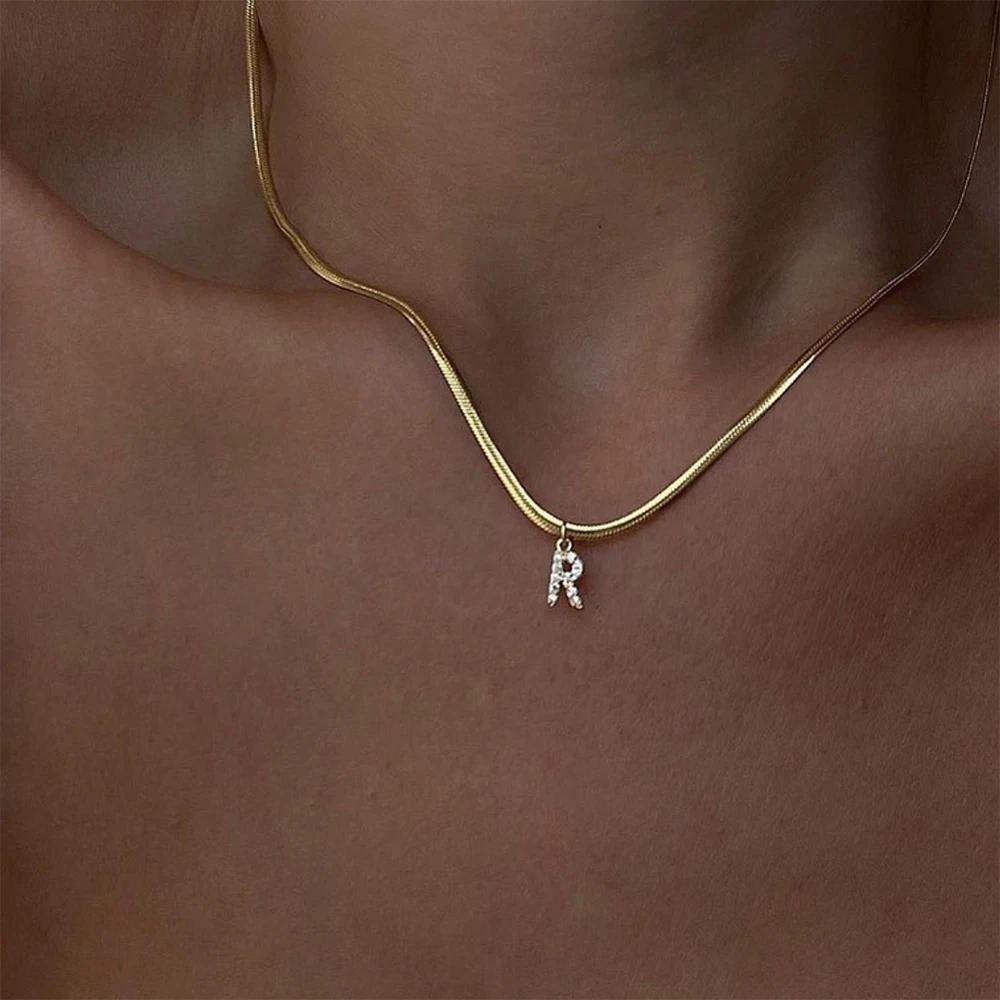 Vnox A-Z Tiny Women Initial Necklace,Small Bling Letter Girl Chain Choker,Gold Tone Solid Stainless Steel Layered Collar Pendant