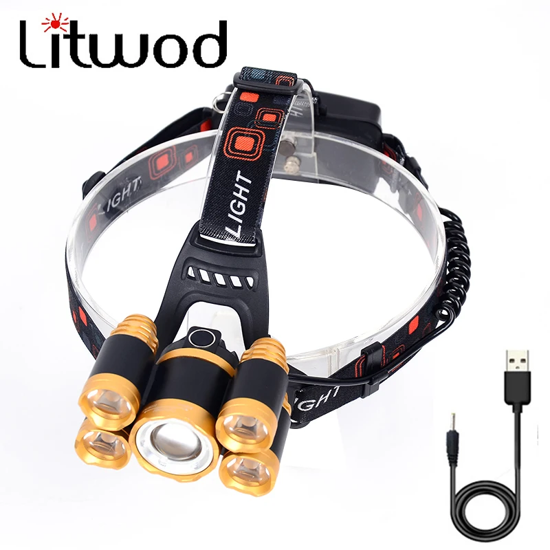 

Светодиодный налобный фонарь XML T6 с зарядкой от USB, Головной фонарь с фокусировкой и 5 бусинами, фонарь для ночной работы, фонарь для охоты и р...