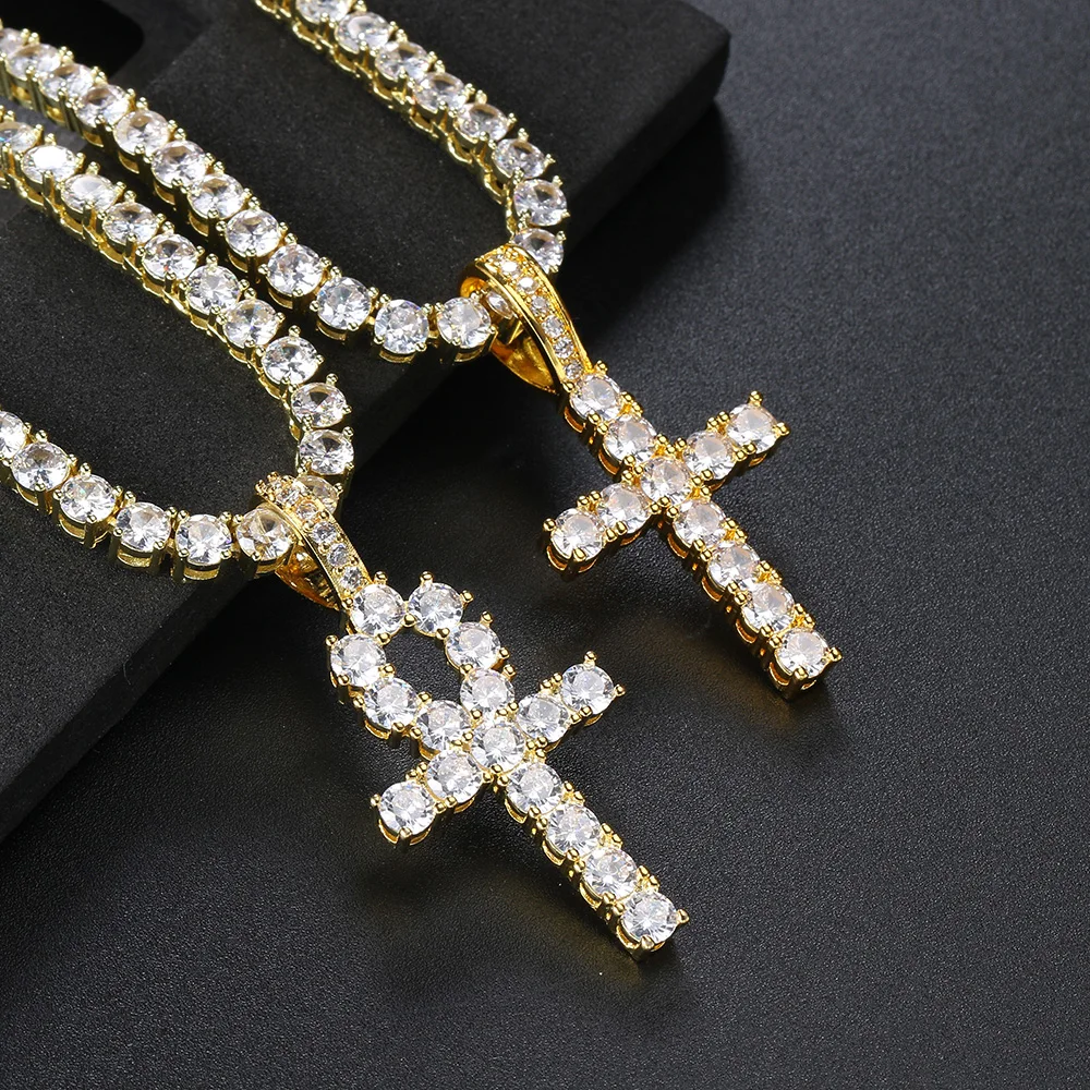 

Iced Out Tennis Cross Pendant Necklace for Men Hip Hop Steampunk Gold Plated CZ Chain on Neck Luxury Design Jewelry S-OHP003