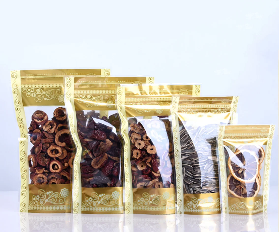 

100Pcs Printed Stand Up PE Zip Lock Bag with Clear Window Resealable Storage Packaging Pouches Dried Fruit Food Tea Sealed