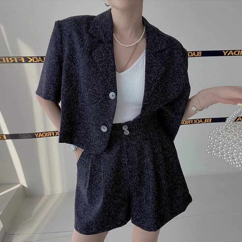 

Vintage Women Short Suits Pleated Single Breasted Blazer and Shorts High Waist 2Piece Set Women Suit Blazer and Pants Dropship