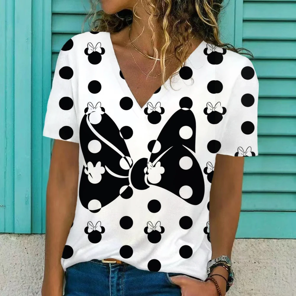 

Женская футболка с коротким рукавом, V-образным вырезом и принтом Минни Маус
