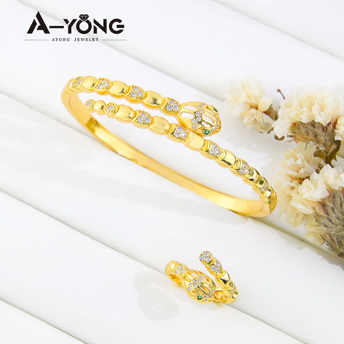 

AYONG Gold Snake Bracelet Set 21k Gold Plated Zircon Hippie Punk Personality Cuff Bangles Woman Party Event Accessories Gift