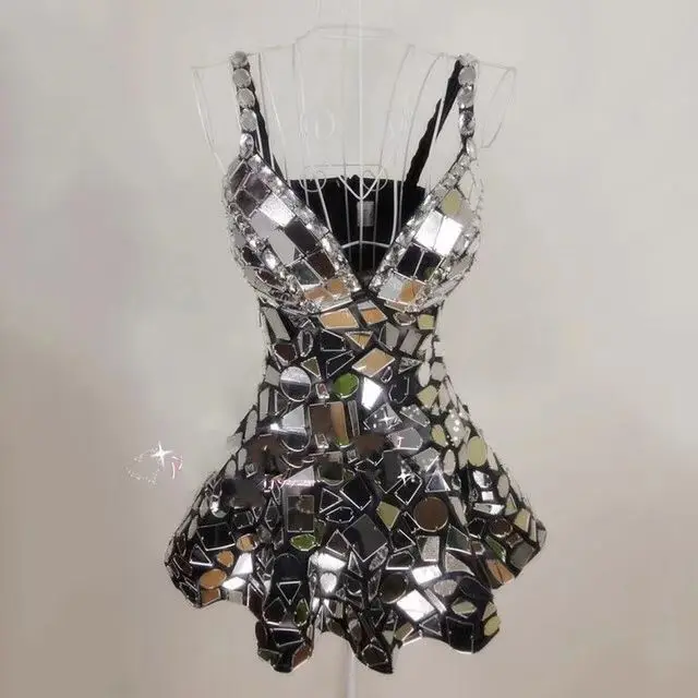 

Silver Mirror Dress Sexy Stage Costume Nightclub Bar Singer Dj Ds Performance Clothing Handmade Women Festival Outfit
