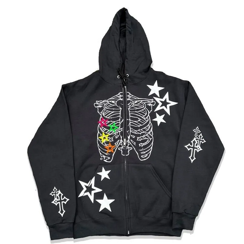 

ALANOS Vintage Star Print Skeleton Zip Up Hoodies Hip Hop Oversized Sweatshirts Harajuku Hooded Y2k Jacket Streetwear 2022 New