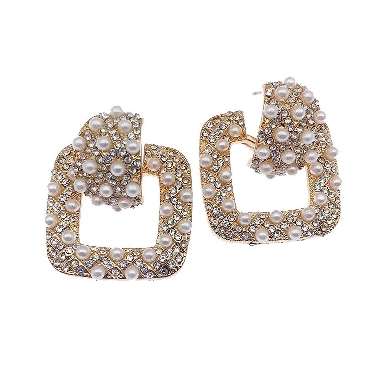 2023 New Korean style alloy pearl-studded earrings fashion advanced ins style geometric stitching diamond earrings for women