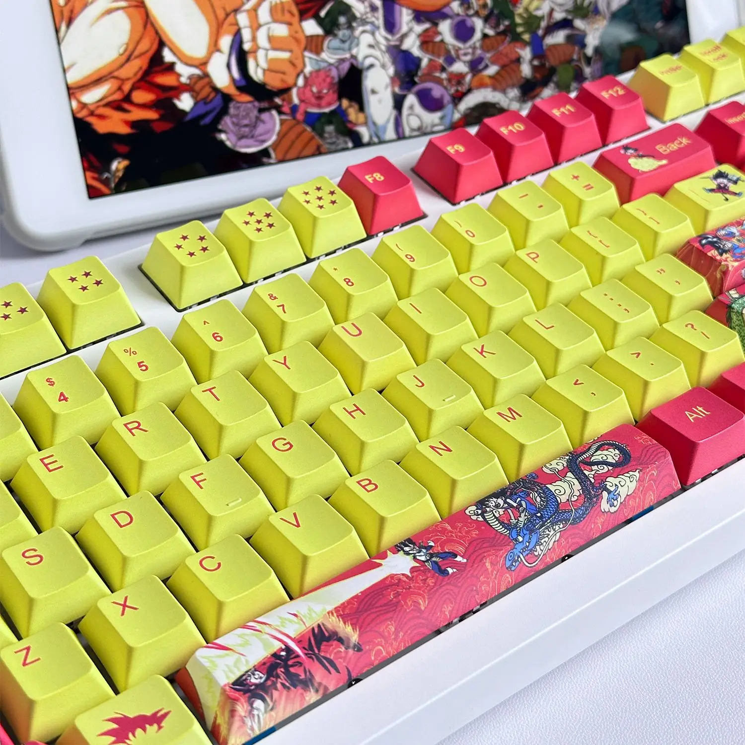 Фото В наличии 108-клавишная анимационная Dragon Ball Goku PBT Keycap, подходит для механической клавиатуры с перекрестной осью, мультяшный праздничный подарок №3