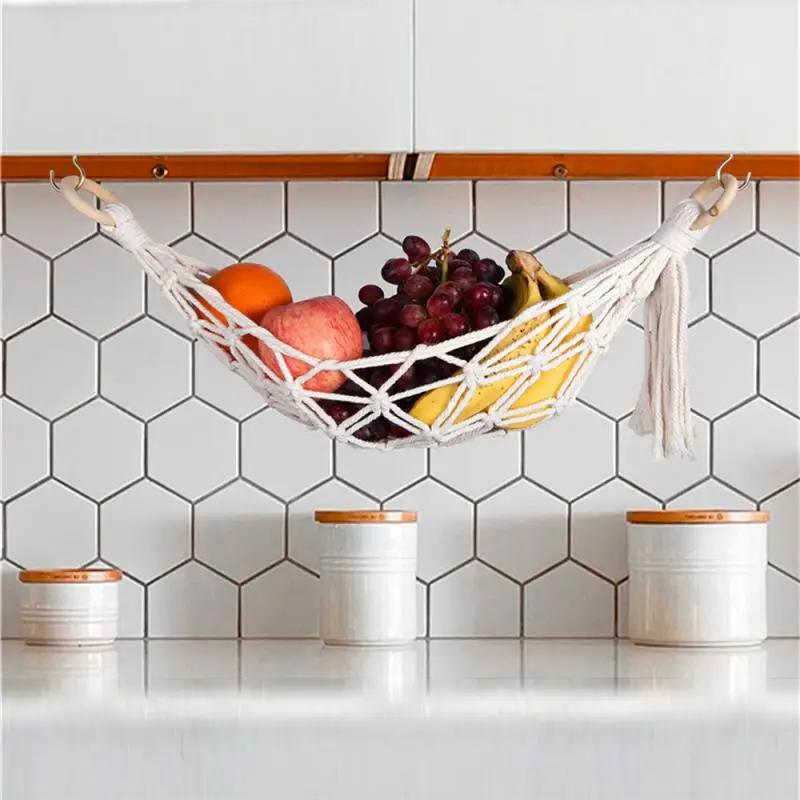 

Hanging Fruit Hammock Cabinet Macrame Hand-Woven Cotton Rope Fruit Hammock Storage Basket For Banana Boho Kitchen Decor
