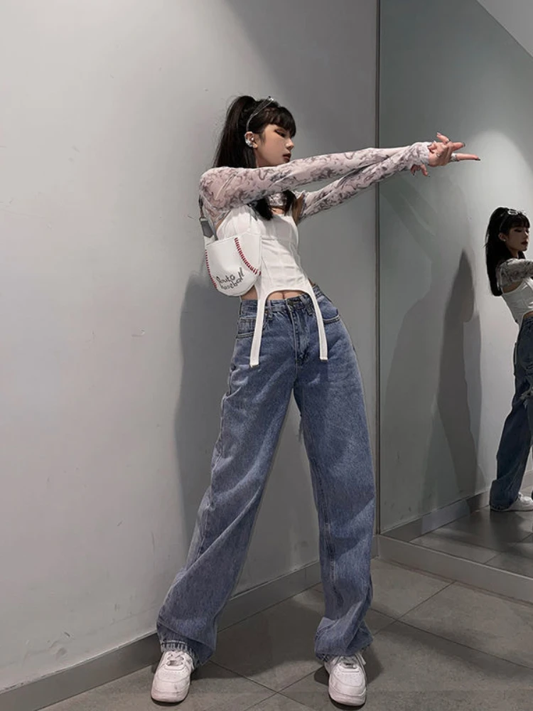 ADAgirl Ripped Jeans for Women Y2k Vintage Blue High Waist Patchwork Fashion Wide Leg Pants Streetwear Baggy Mujer Denim Bottoms