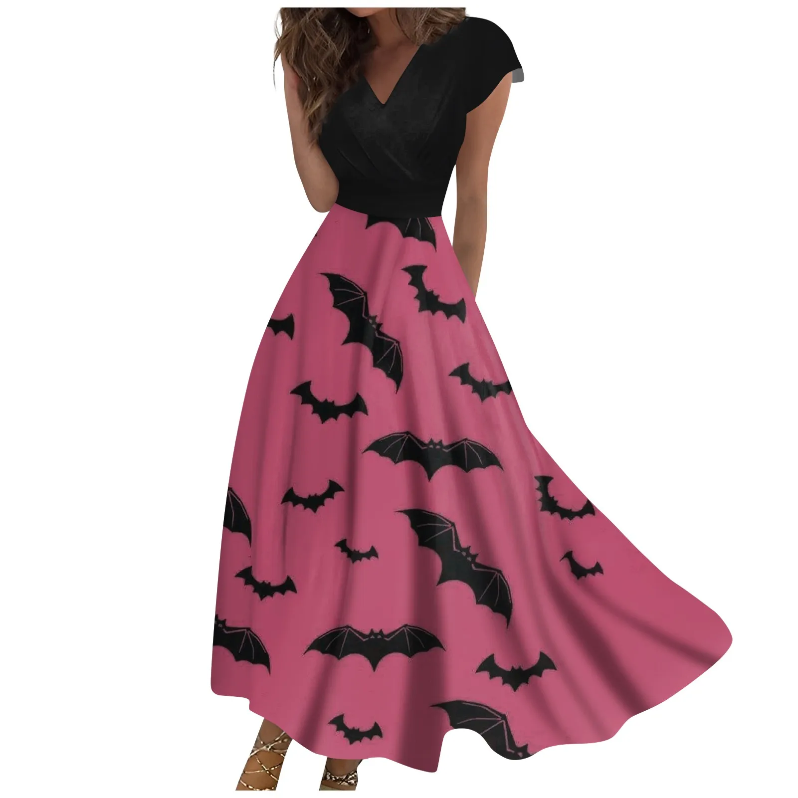 

Dresses For Women Clubs Halloween Bat Animal Printed Short Sleeve V Neck Ruched Festival Vacation Simple Dress Women Vestidos