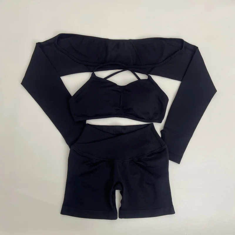 Фото Комплект для фитнеса D Yoga Vision Shrug: топ, леггинсы и шорты с эффектом подтяжки ягодиц, бесшовный, высокоэластичный, удлиненный жилет, для женщин. №5