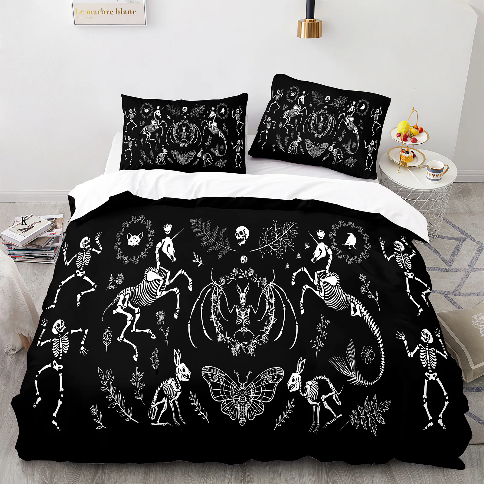Death Moth Duvet Cover Set Queen Size Gothic Skull Boho Comforter Cover Black and White Skeleton Decorative Soft Bedding Set