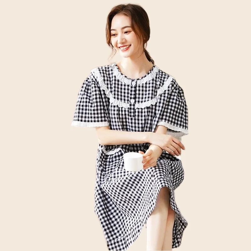 Summer Casual Women's Plaid Nightdress For Women Elastic Cotton Flower Nightgown O-Neck Short Sleeve Nightwear Fashion Clothes