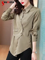 mid length green chiffon blouses for women 2022 new spring and autumn high end fashion offlice ladies shirt long sleeve shirts