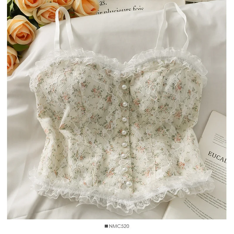 

Pearl Top Print Halter Lace Fashion Camis Sleeveless Tube Camisole Summer Tops Backless Female Crop Sexy Tank Vest Cropped Women