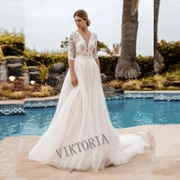 viktoria classic wedding dress v neck court train tulle button a line three quarter women custom made robe de mari%c3%a9e