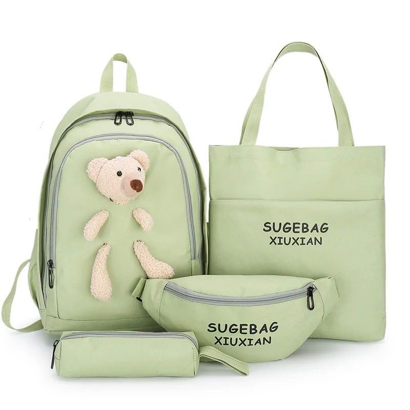 

INS Canvas Schoolbag 4-pieces/set Korean Style Backpack Girls Student Backbag Solid Cute Bear School Bag Female Travel Waist Bag