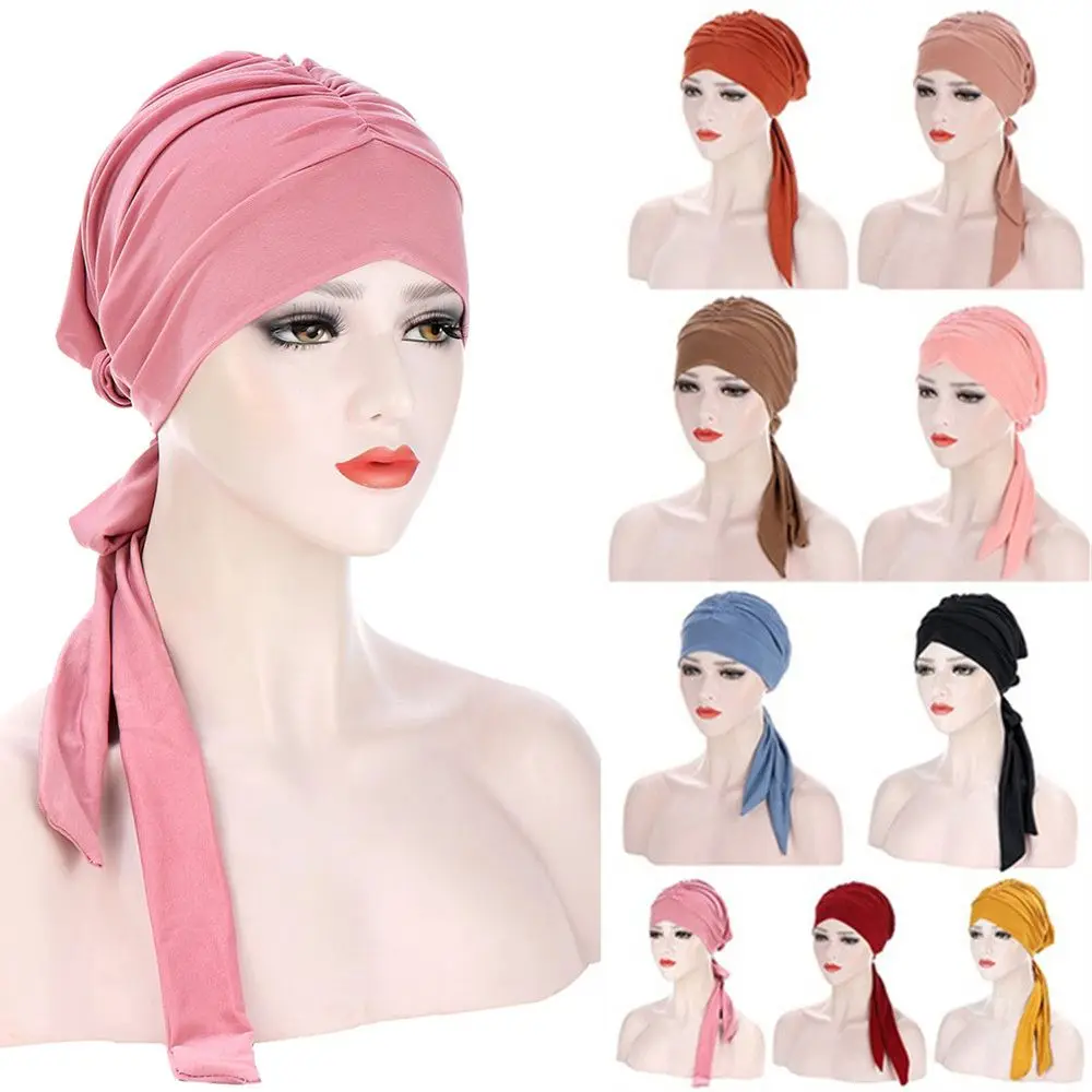 

New Elastic Solid Color Wrap Head Scarf Hats Muslim Turban Bonnet for Women Inner Hijab Hat Fashion Female Turbantes Caps