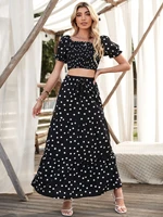 square neck allover print shirred puff sleeve crop top polka dot print skirt black casual short two pieces set