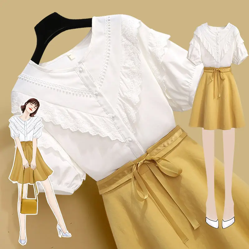 

Женский летний комплект одежды, корейская мода 2022, белая юбка, женская футболка с коротким рукавом и круглым вырезом и юбка, костюм E107